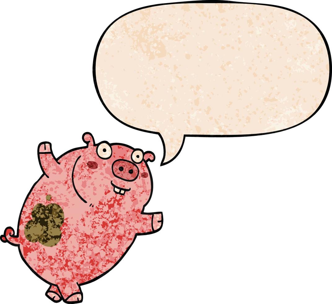 cochon de dessin animé drôle et bulle de dialogue dans un style de texture rétro vecteur