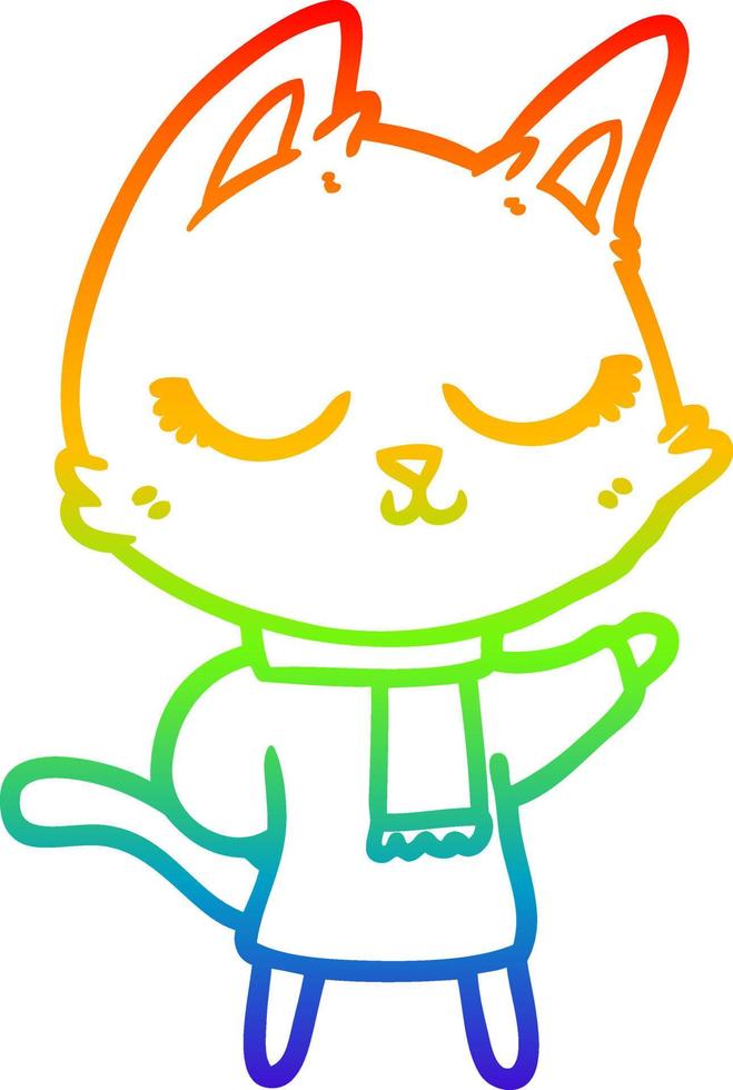 arc en ciel gradient ligne dessin calme dessin animé chat portant une écharpe vecteur