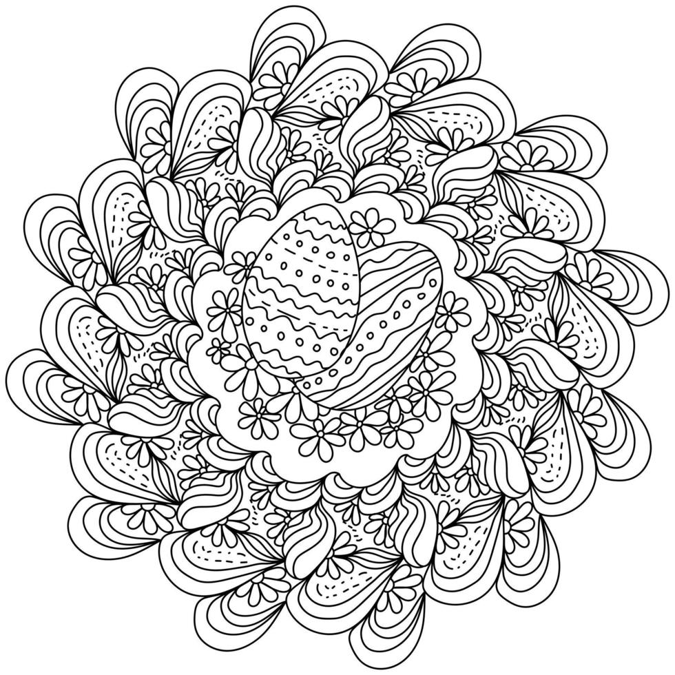 mandala de contour avec des oeufs de pâques au centre et des motifs ornés autour, coloriage avec des tourbillons fantastiques vecteur