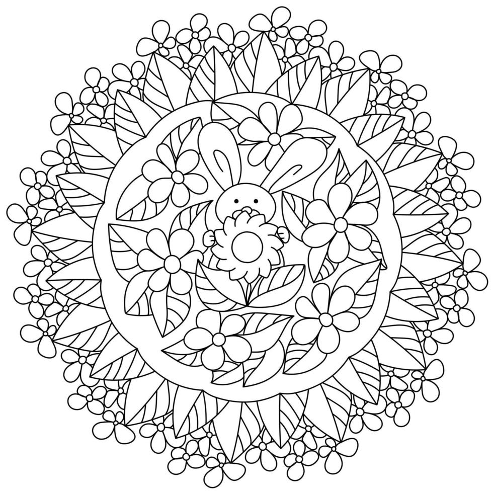 coloriage mandala de fleurs avec lapin de pâques au centre, motifs floraux et fantaisie en rond vecteur