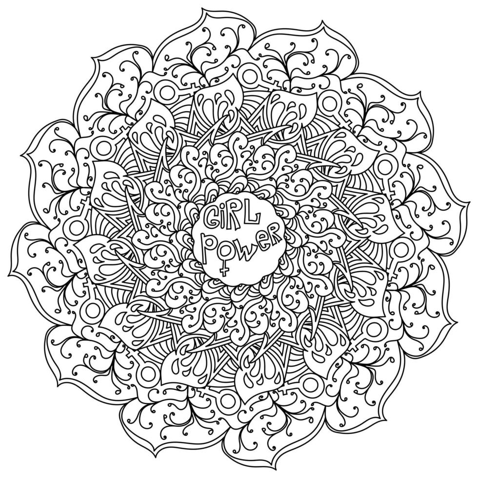 girl power mandala, coloriage sous la forme d'un cadre rond avec une inscription au centre vecteur