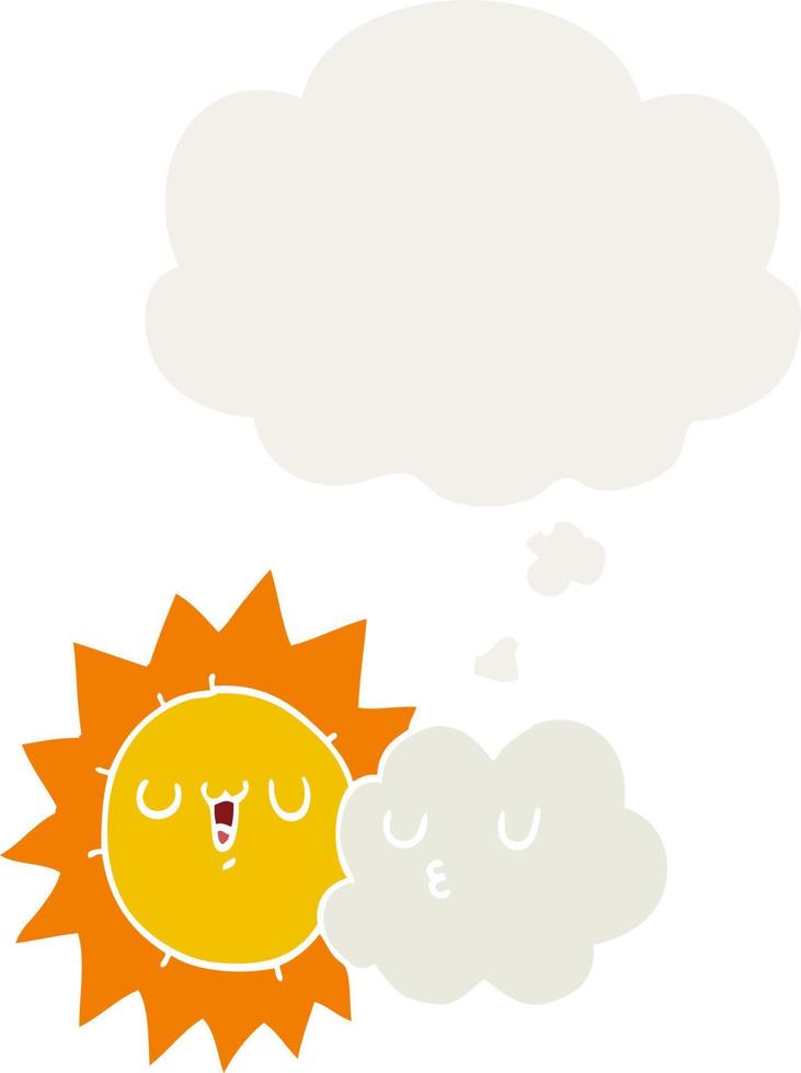 dessin animé soleil et nuage et bulle de pensée dans un style rétro vecteur