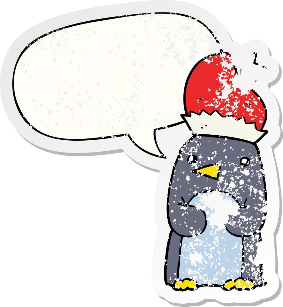 joli pingouin de noël et autocollant en détresse avec bulle de dialogue vecteur