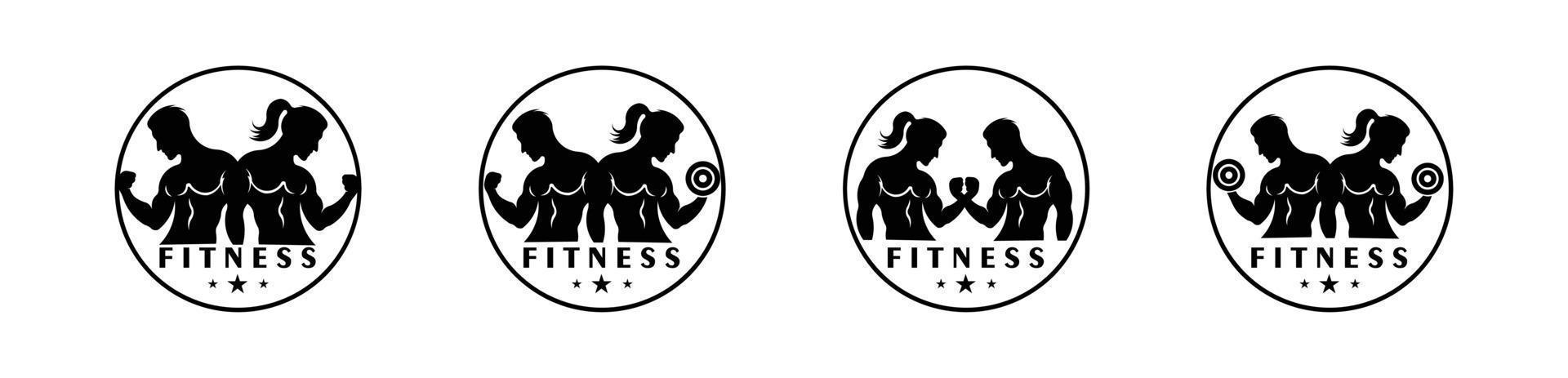 logo de fitness, logo de gym, icône vectorielle, silhouettes d'inspiration de logo de gym et de fitness d'homme et de femme soulevant des haltères vecteur