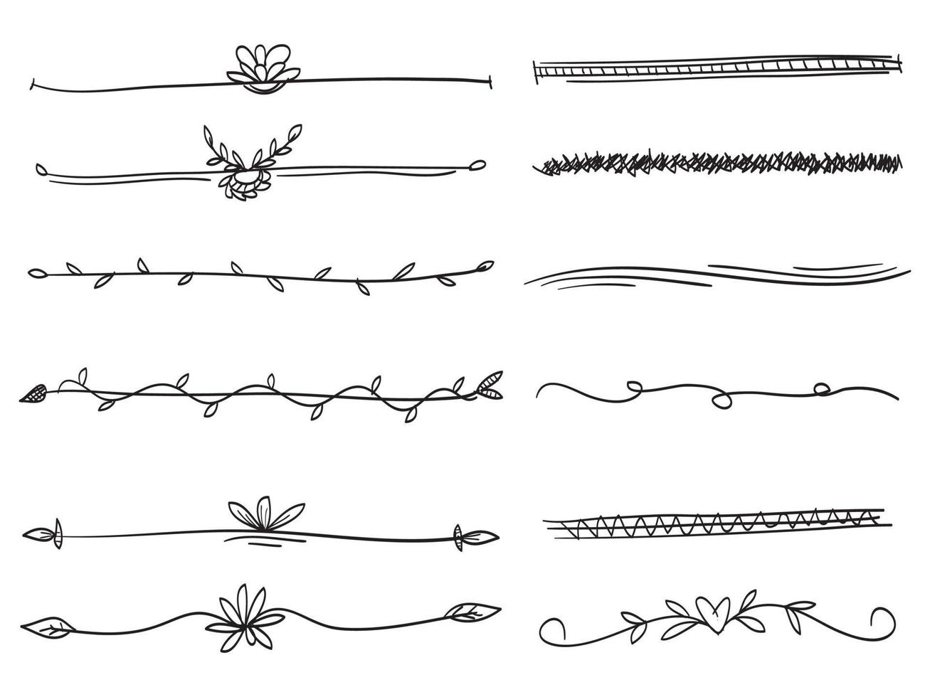 doodle séparateurs de texte dessinés à la main, ornements de page décoratifs, bordures, lignes et éléments de conception de lauriers, isolés sur fond blanc vecteur