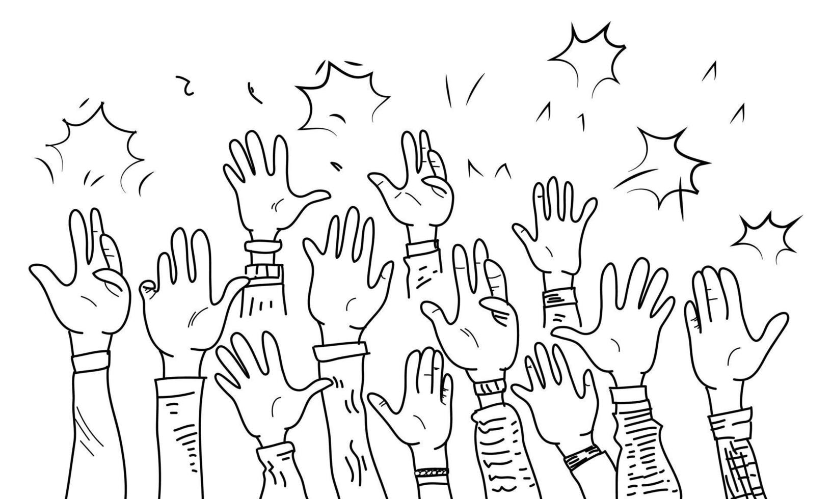 dessinés à la main sur doodle mains en l'air. applaudissements des mains. illustration vectorielle vecteur