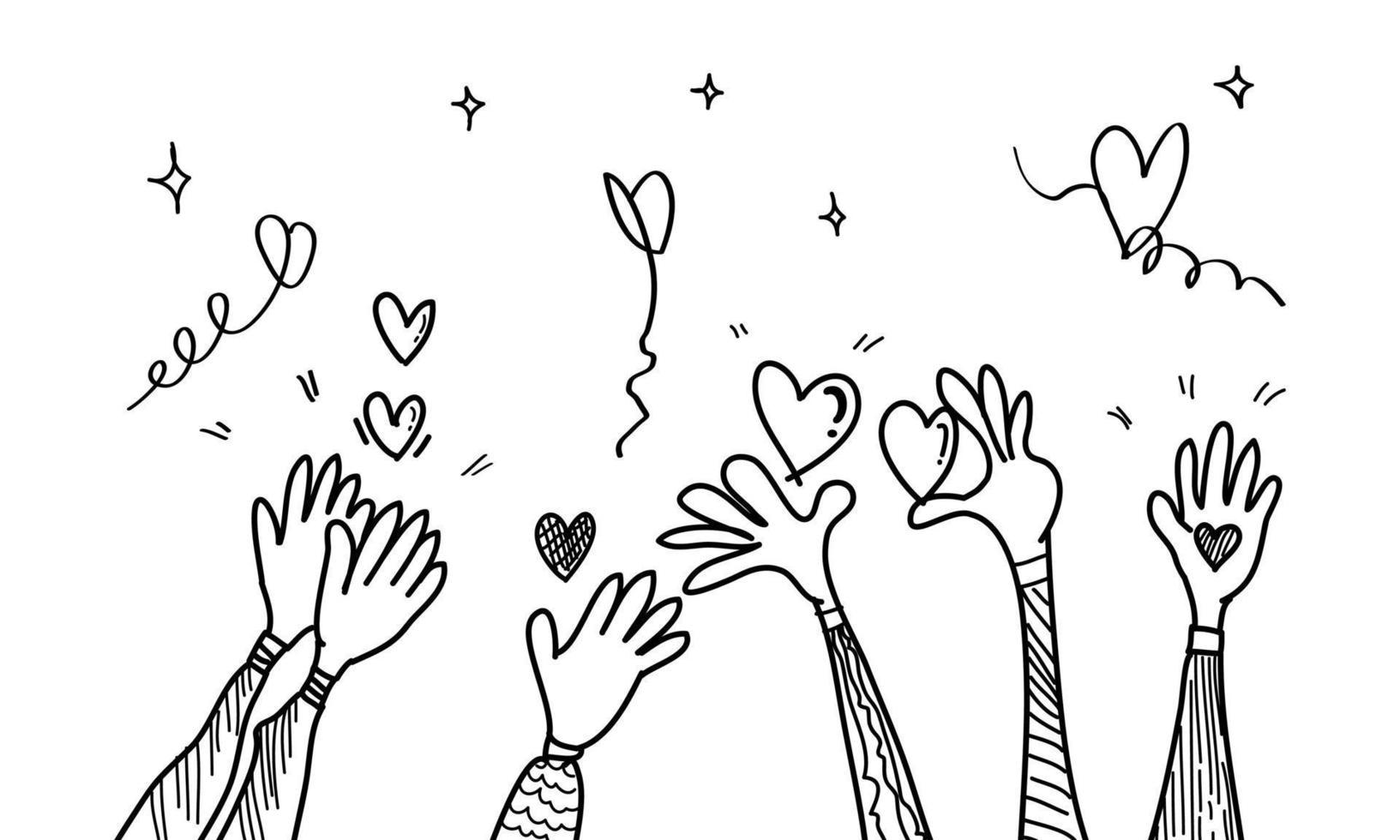 doodle mains en l'air, mains applaudissant avec amour. gestes d'applaudissements. donner et partager votre amour aux gens. illustration vectorielle vecteur