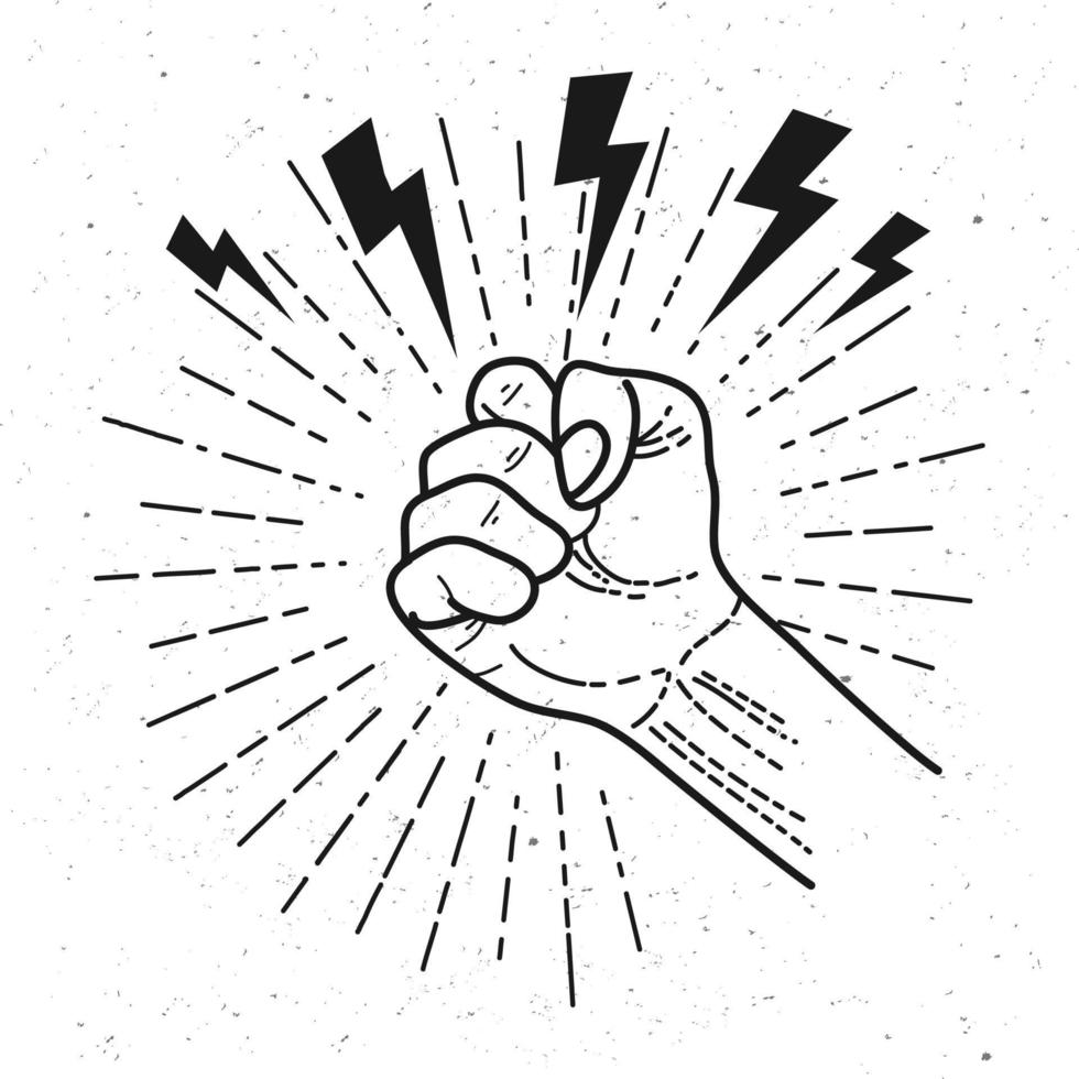 griffonner les mains en l'air. main de poing, démonstration, symbole de protestation, signe de puissance. isolé sur fond blanc. illustration vectorielle vecteur