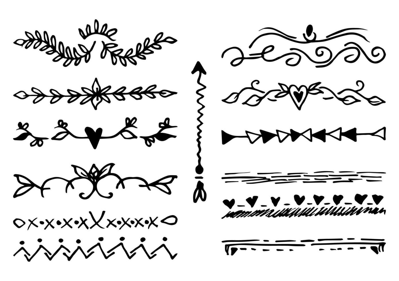 ensemble dessiné à la main de séparateurs de texte, de lignes, de bordures et d'éléments de conception de jeu de lauriers, isolés sur fond blanc vecteur