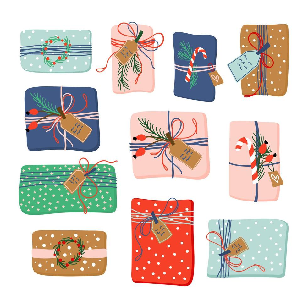 collection de coffrets cadeaux de noël. ensemble d'illustrations vectorielles colorées. éléments de joyeuses fêtes. vecteur