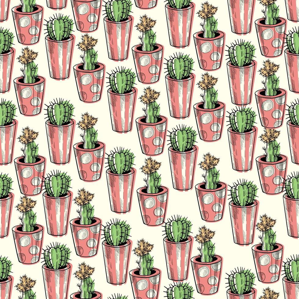 modèle sans couture de cactus. lineart de cactus dessiné à la main. plantes d'intérieur succulentes motif noir et blanc. vecteur