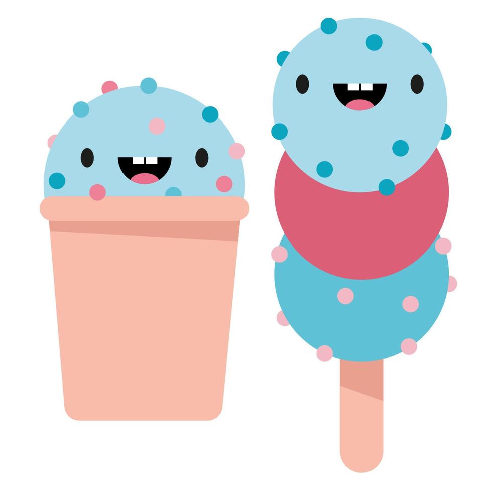 un ensemble de crème glacée rose et bleue dans une tasse et sur un bâton avec un sourire vecteur