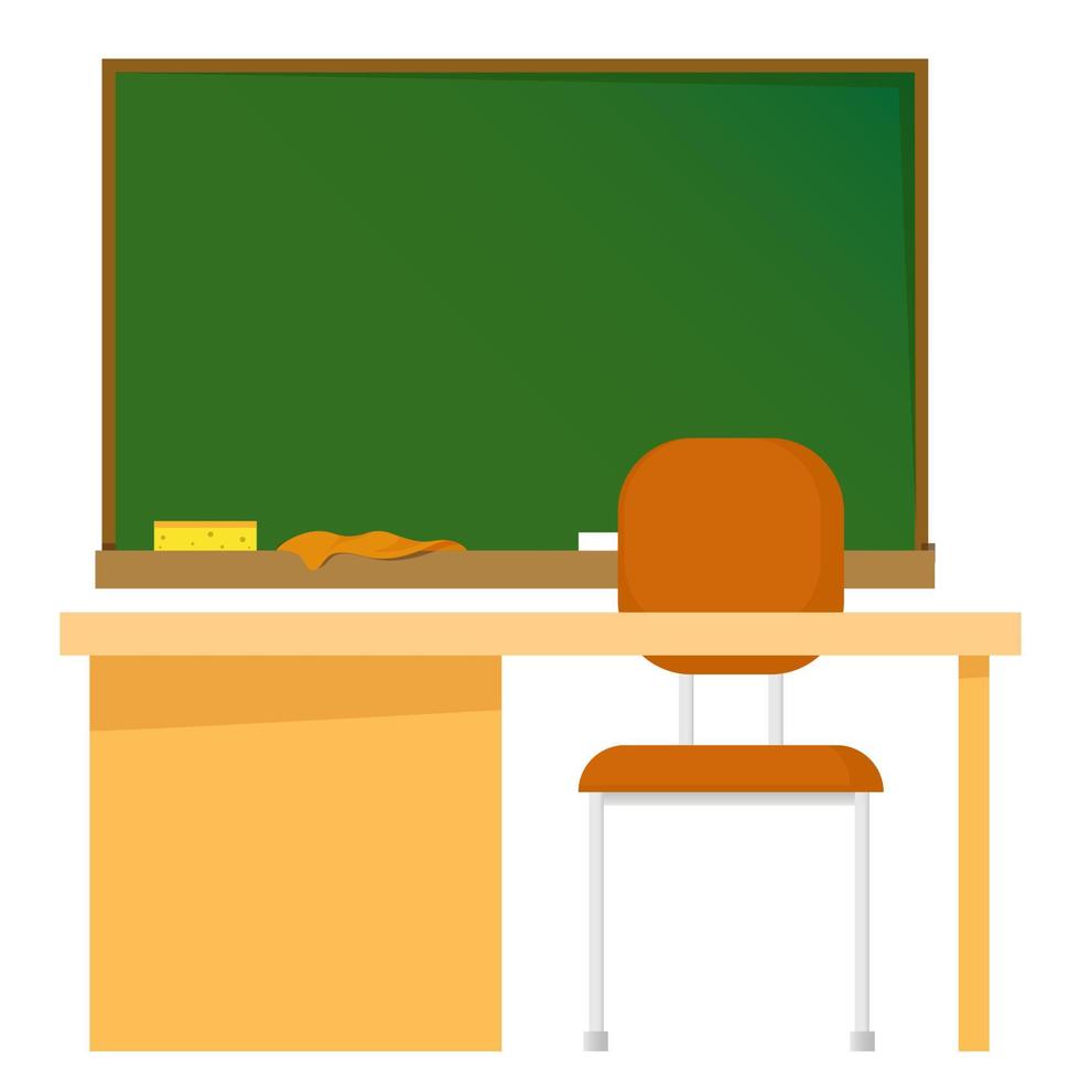 tableau vert scolaire avec craie et règles et table devant et chaise vecteur