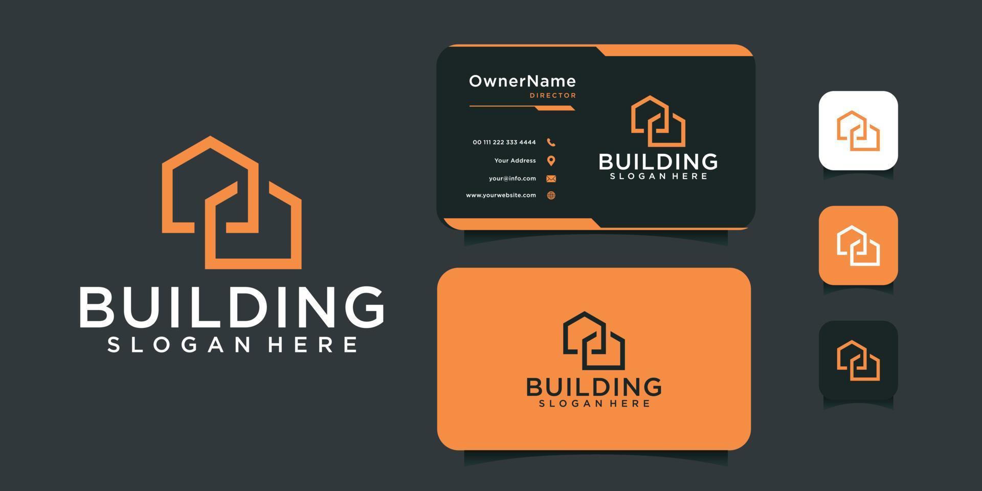création de logo de bâtiment immobilier architecture monogramme avec carte de visite. le logo peut être utilisé pour la marque, l'identité, l'icône, le loyer, le résident et l'entreprise vecteur