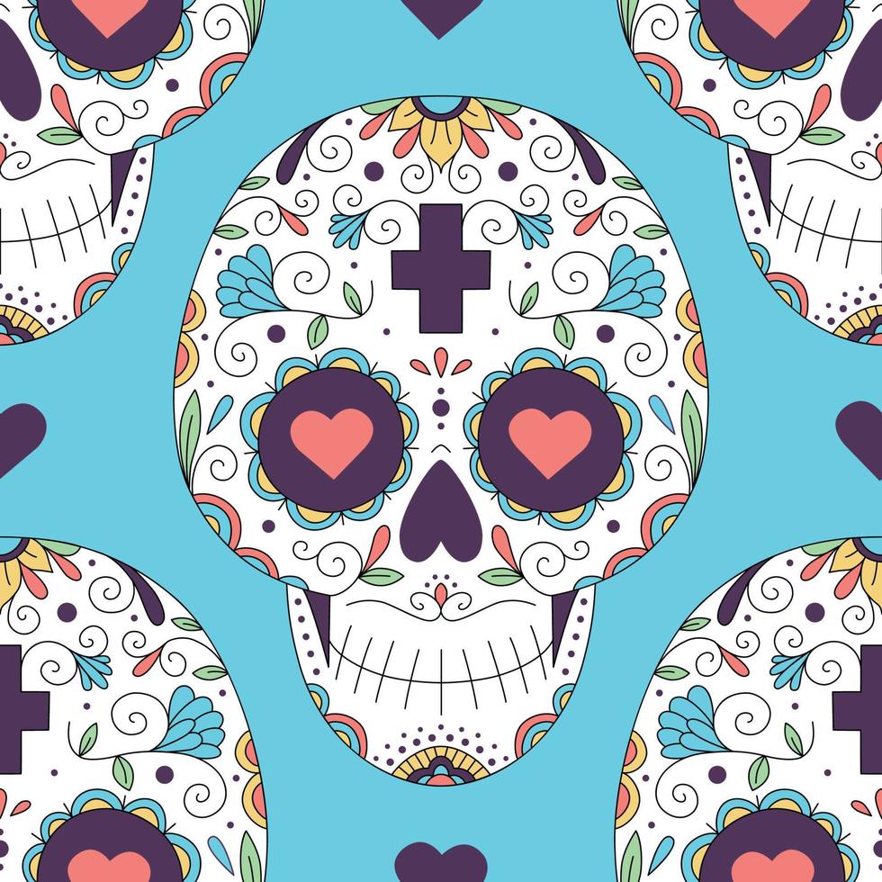 illustration vectorielle, motif sans couture et fleurs avec des crânes pour le jour des morts. crâne de sucre. couleurs psychédéliques. hippie. vecteur