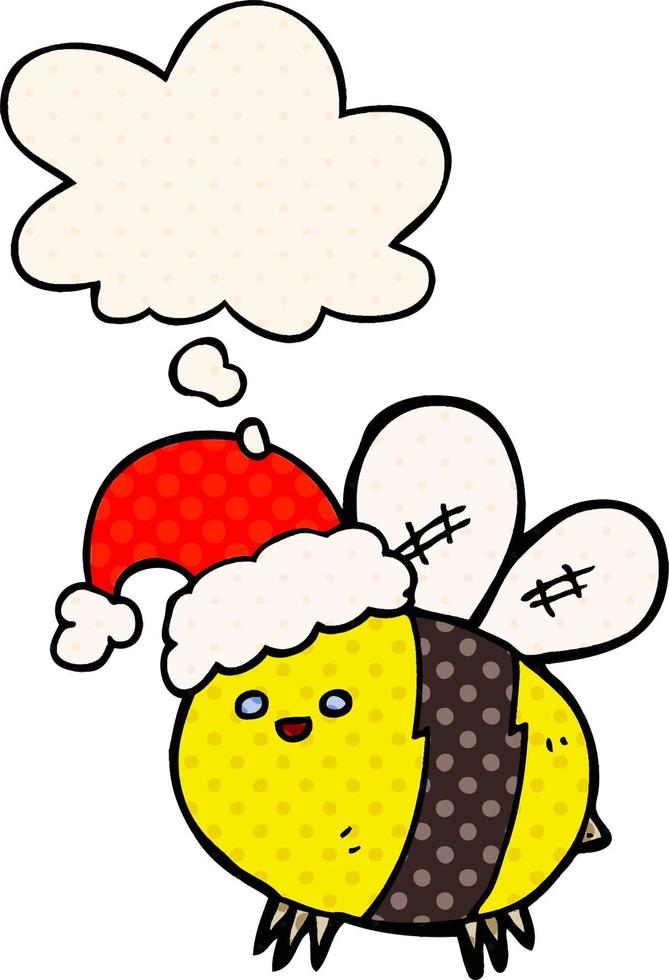 abeille de dessin animé mignon portant un chapeau de noël et une bulle de pensée dans le style de la bande dessinée vecteur