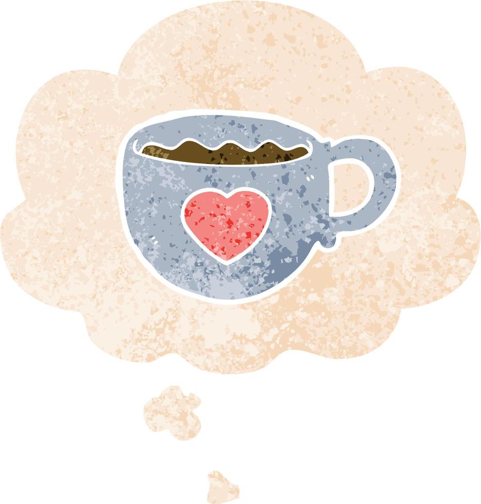 J'aime la tasse de dessin animé de café et la bulle de pensée dans un style texturé rétro vecteur