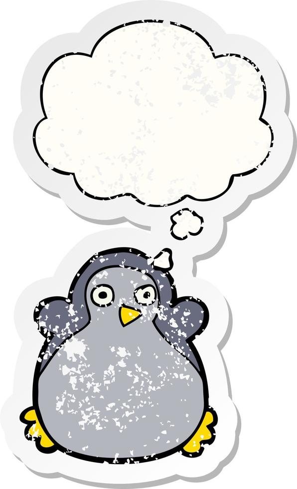 pingouin de dessin animé et bulle de pensée comme autocollant usé en détresse vecteur