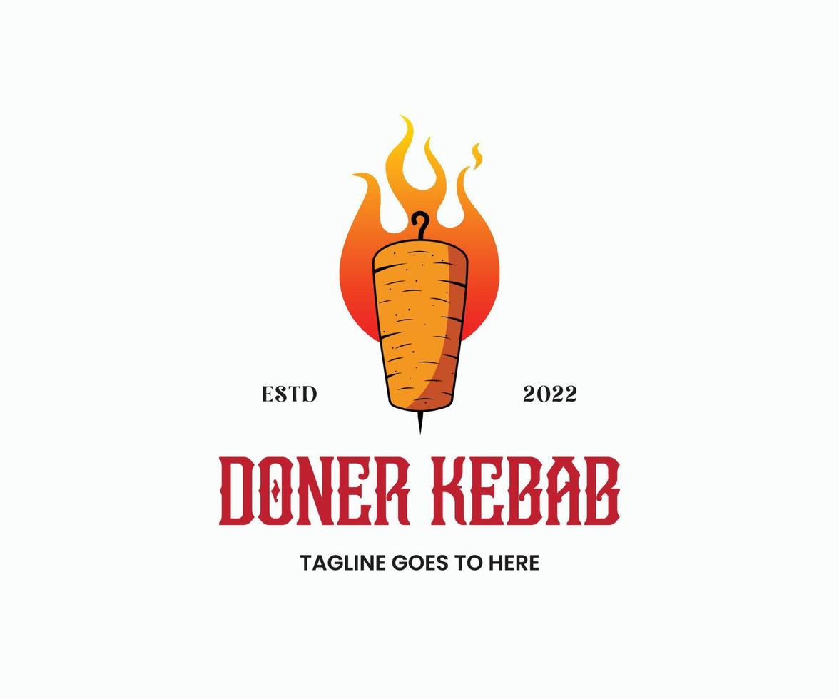 logo de kebab. doner kebab repas national de viande turque. broche à viande avec perche à crochet et flammes de feu chaudes. vecteur