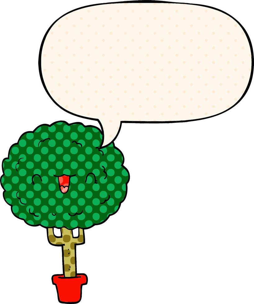 arbre heureux de dessin animé et bulle de dialogue dans le style de la bande dessinée vecteur