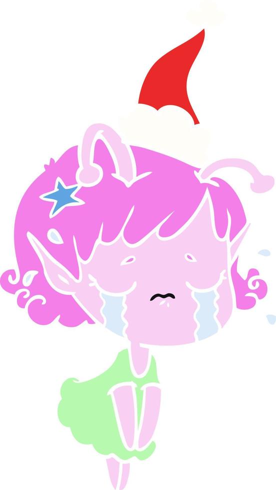 illustration en couleur plate d'une fille extraterrestre qui pleure portant un bonnet de noel vecteur