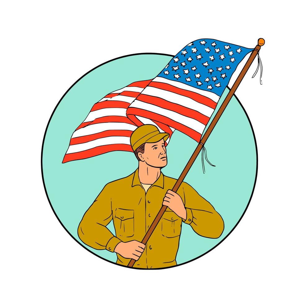 soldat américain agitant le drapeau des etats unis cercle dessin vecteur