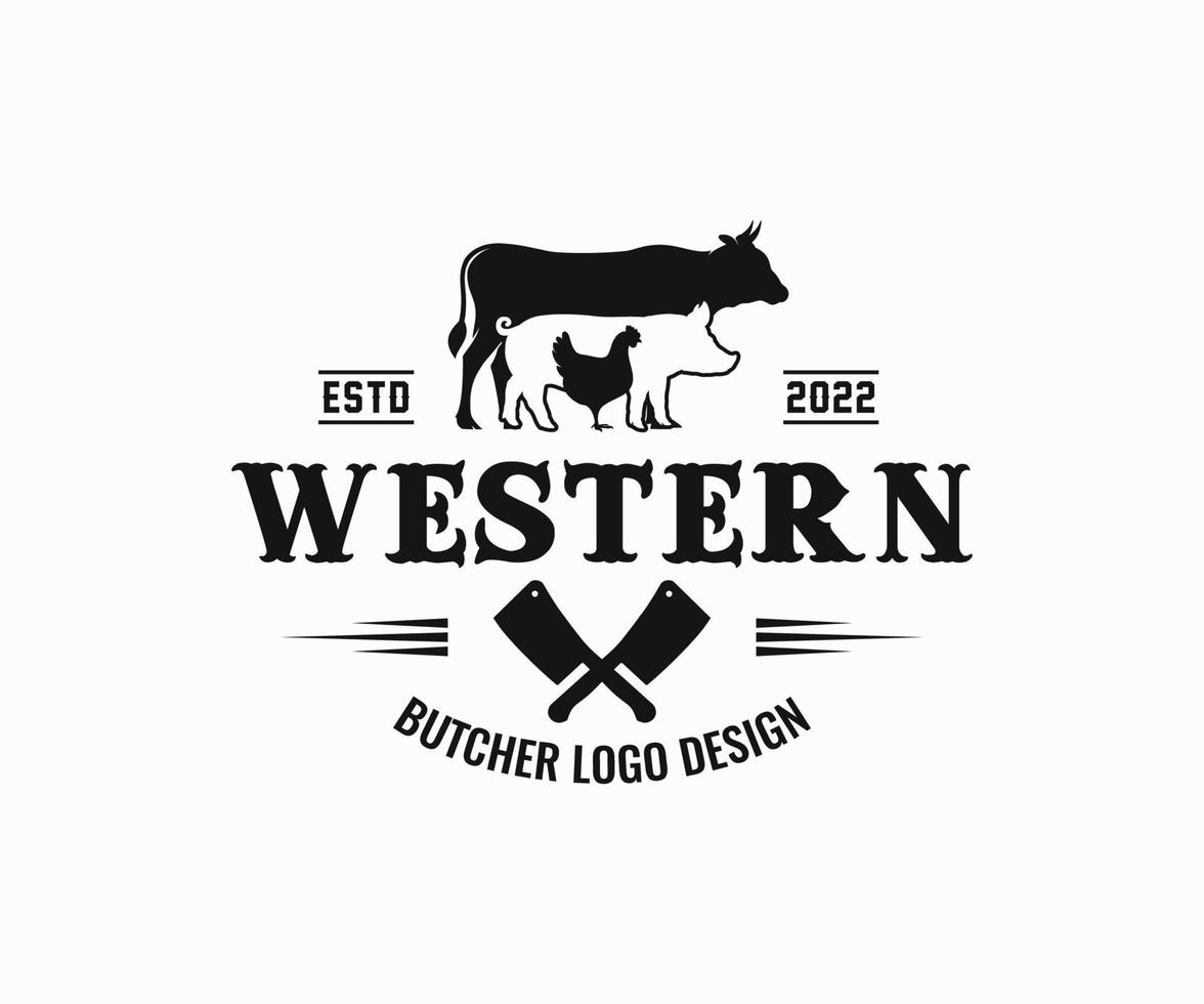 logo de boucher avec poulet de porc de vache. modèle vectoriel de conception de logo de boucherie.