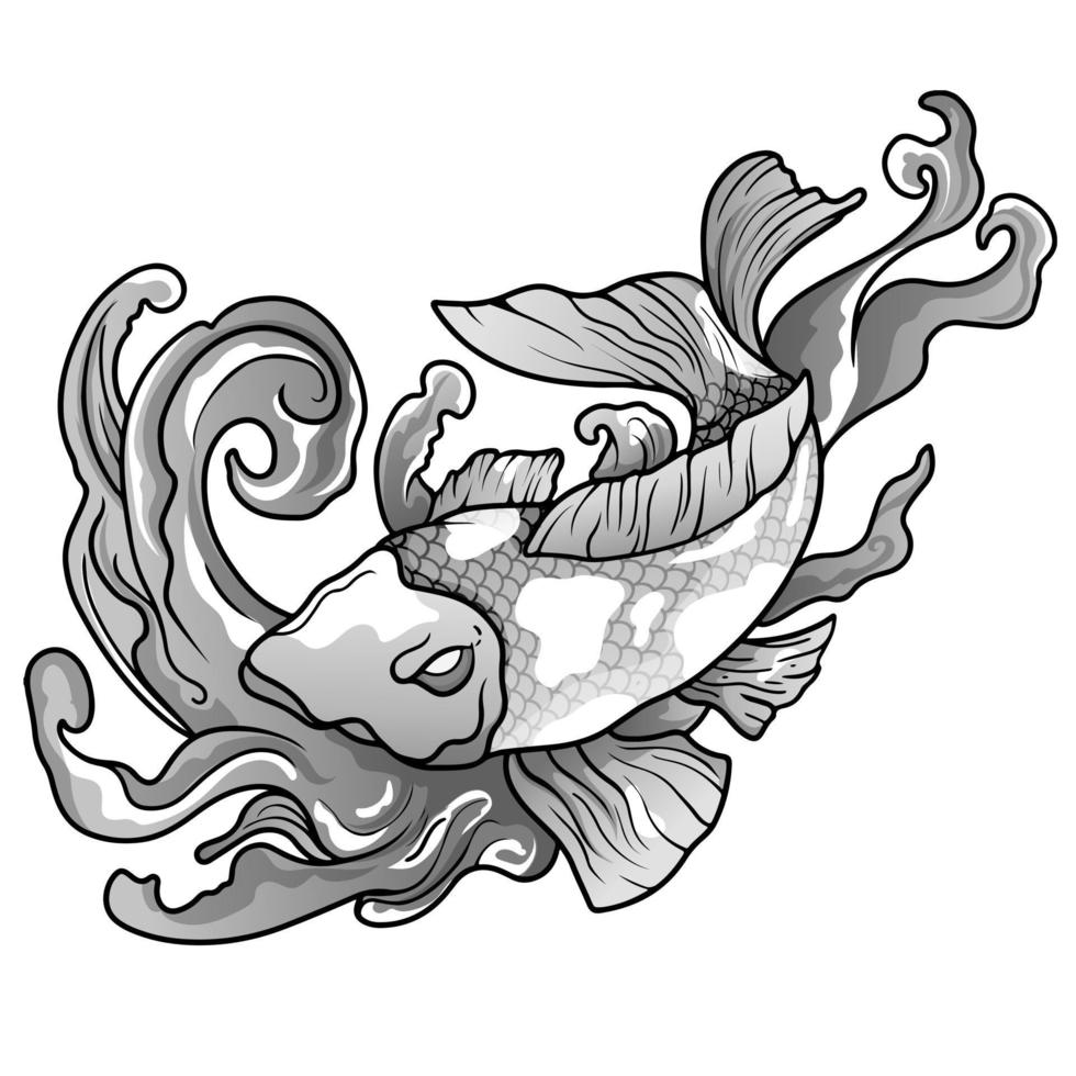 poisson koi dessiné à la main avec tatouage de fleur pour le bras. tatouage japonais et illustration pour livre de coloriage. conception de tatouage traditionnel asiatique. carpe koi avec des éclaboussures d'eau vecteur