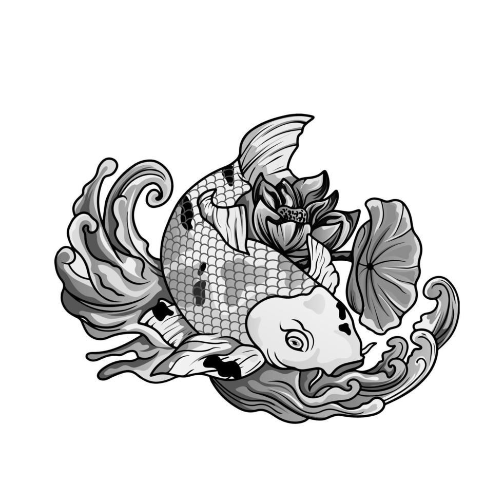 poisson koi dessiné à la main avec tatouage de fleur pour le bras. tatouage japonais et illustration pour livre de coloriage. conception de tatouage traditionnel asiatique. carpe koi avec des éclaboussures d'eau vecteur