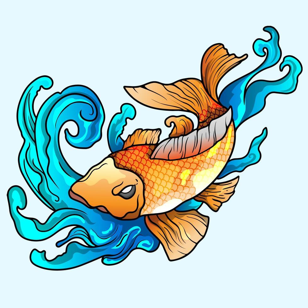 poisson koi dessiné à la main, illustration vectorielle de fleurs japonaises tropicales. carpe koi colorée avec éclaboussures d'eau, lotus et fleur de pivoine. imprimer pour le graphique de t-shirt et d'autres utilisations. vecteur