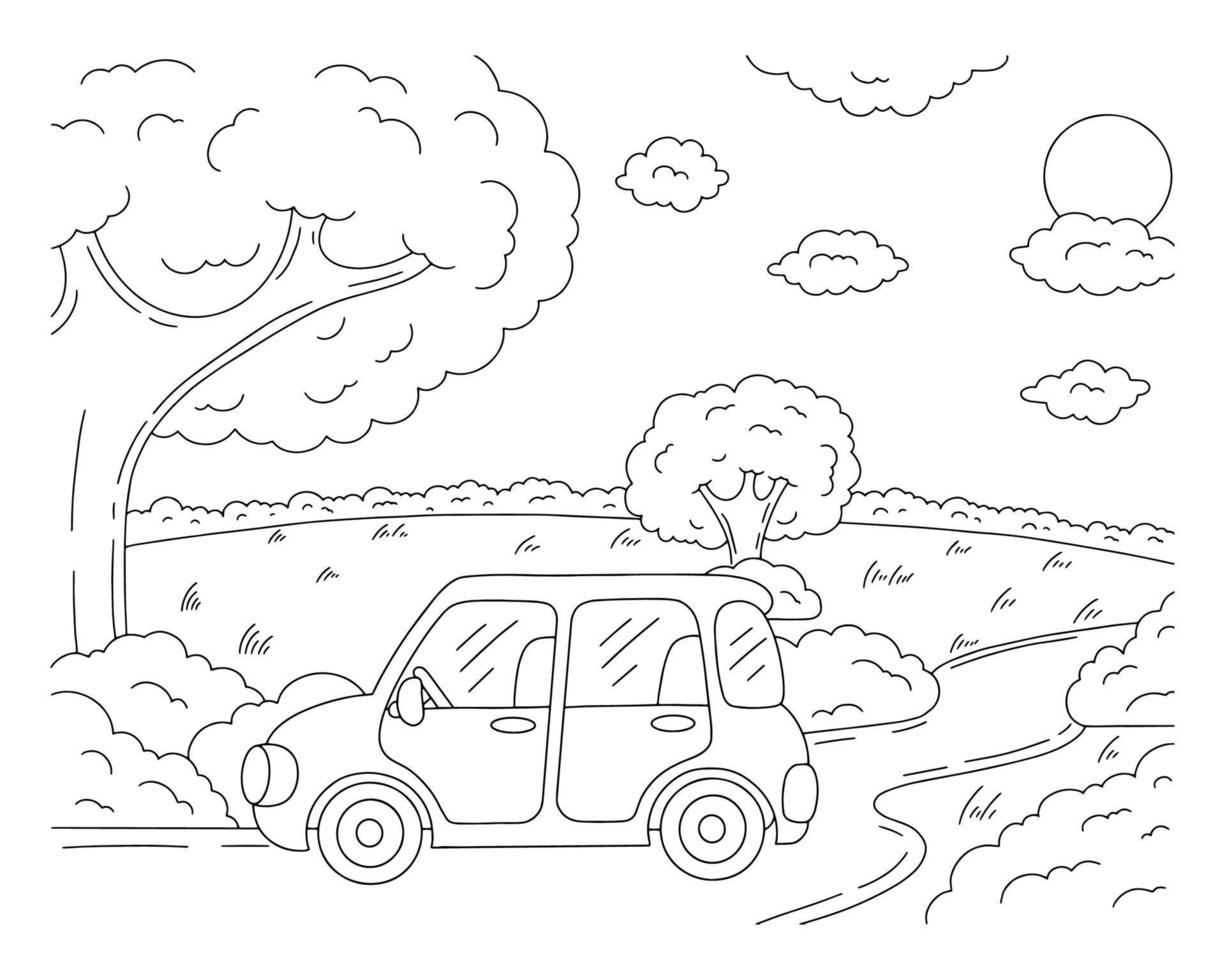 magnifique paysage naturel. page de livre de coloriage pour les enfants. style bande dessinée. la voiture roule le long de la route le long de la forêt. illustration vectorielle isolée sur fond blanc. vecteur