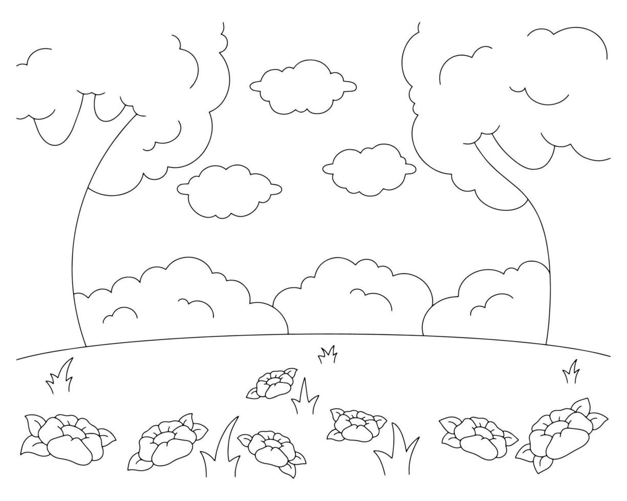 paysage avec arbres et fleurs. page de livre de coloriage pour les enfants. personnage de style dessin animé. illustration vectorielle isolée sur fond blanc. vecteur