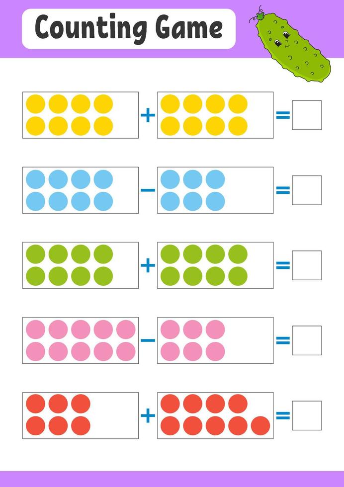 addition et soustraction. tâche pour les enfants. feuille de travail de développement de l'éducation. page couleur de l'activité. jeu pour les enfants. drôle de personnage. illustration vectorielle isolée. style de bande dessinée. vecteur