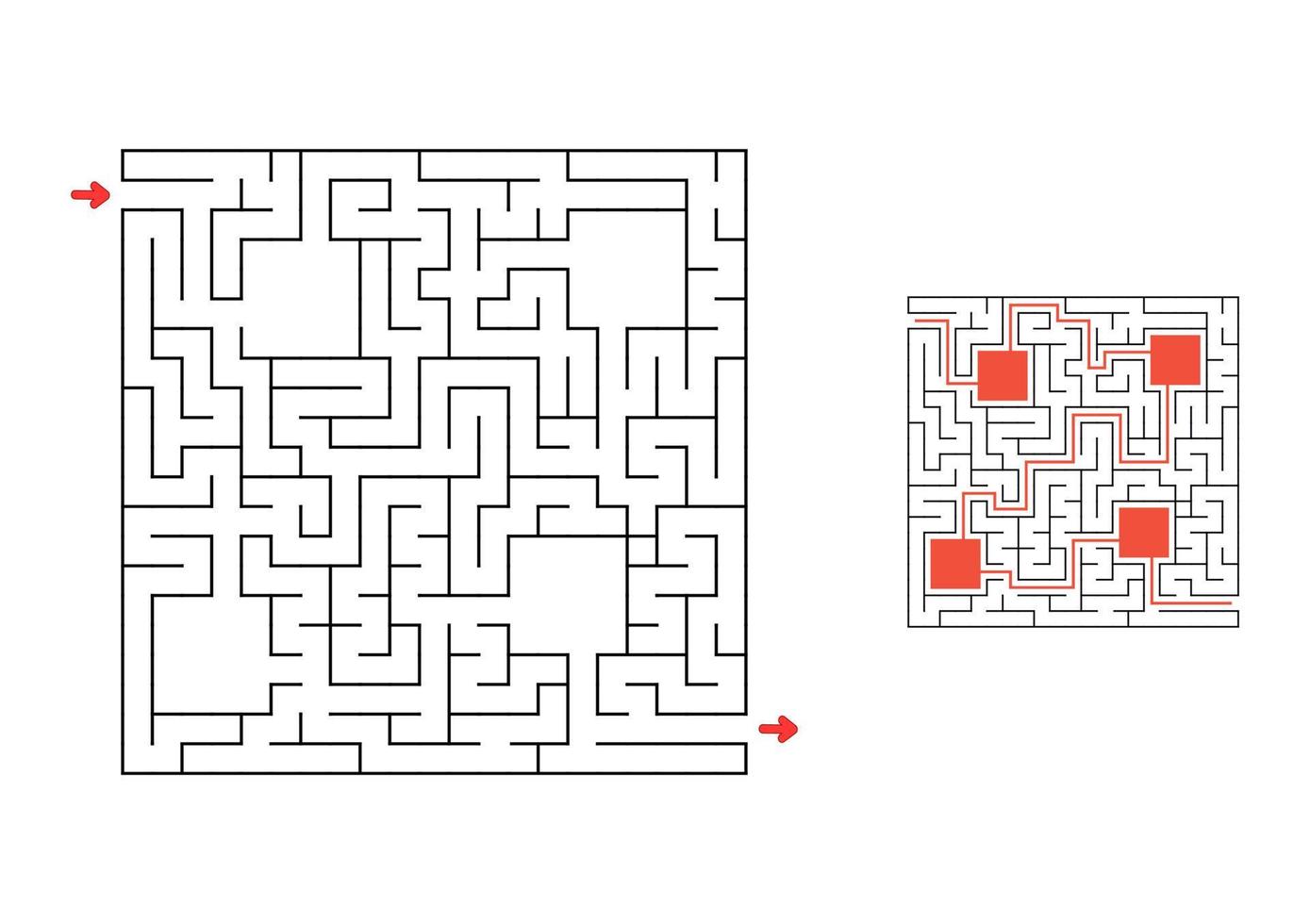 labyrinthe carré avec réponse. jeu pour les enfants. casse-tête pour les enfants. énigme du labyrinthe. trouver le bon chemin. vecteur