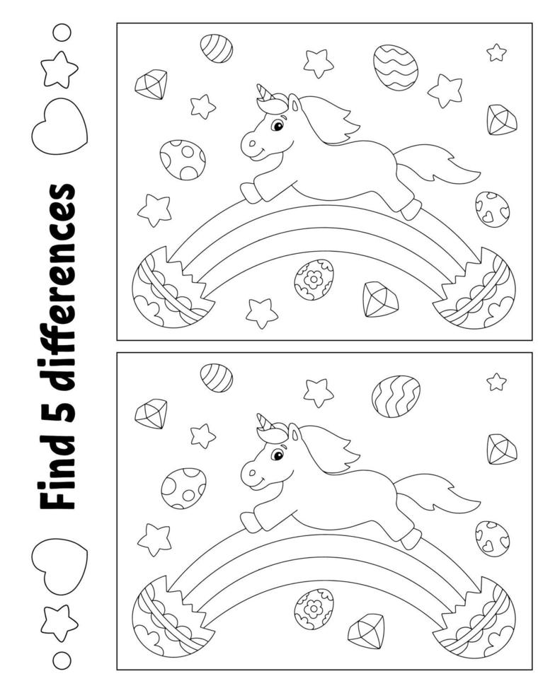 trouver cinq différences. page de coloriage pour les enfants. thème de Pâques. feuille de travail d'activité pour les enfants. illustration vectorielle isolée sur fond blanc. vecteur
