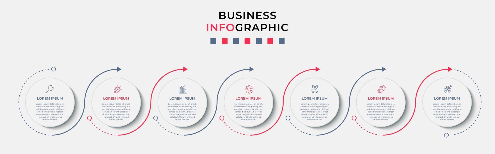 vecteur de modèle de conception infographique d'entreprise avec des icônes et 7 options ou étapes. peut être utilisé pour le diagramme de processus, les présentations, la mise en page du flux de travail, la bannière, l'organigramme, le graphique d'informations