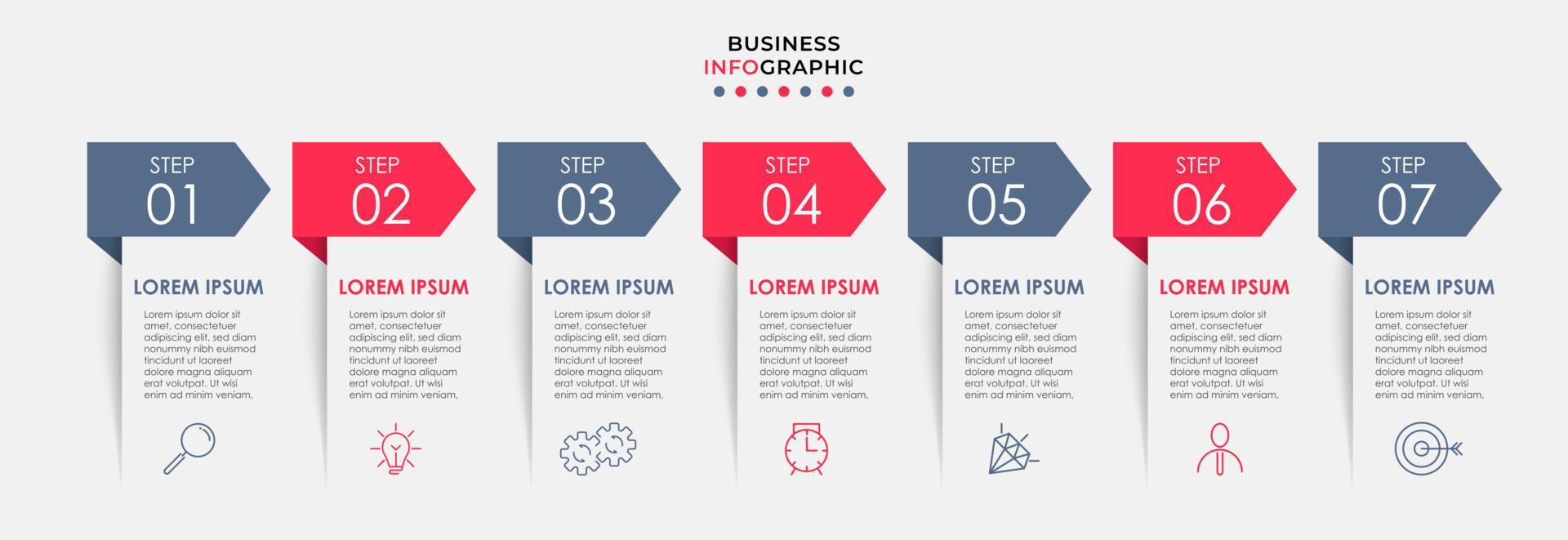 vecteur de modèle de conception infographique d'entreprise avec des icônes et 7 options ou étapes. peut être utilisé pour le diagramme de processus, les présentations, la mise en page du flux de travail, la bannière, l'organigramme, le graphique d'informations