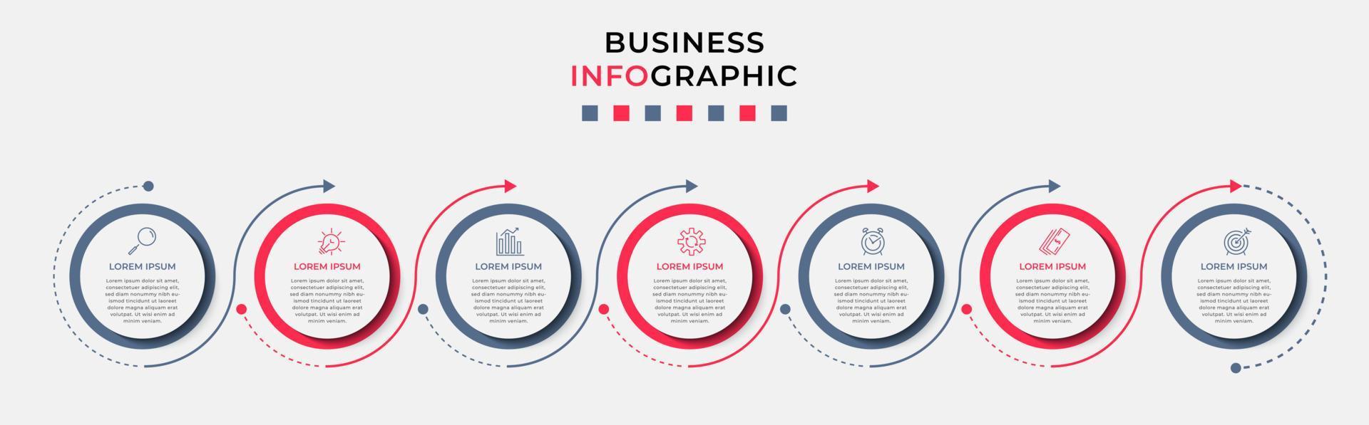 vecteur de modèle de conception infographique d'entreprise avec des icônes et 7 options ou étapes. peut être utilisé pour le diagramme de processus, les présentations, la mise en page du flux de travail, la bannière, l'organigramme, le graphique d'informations