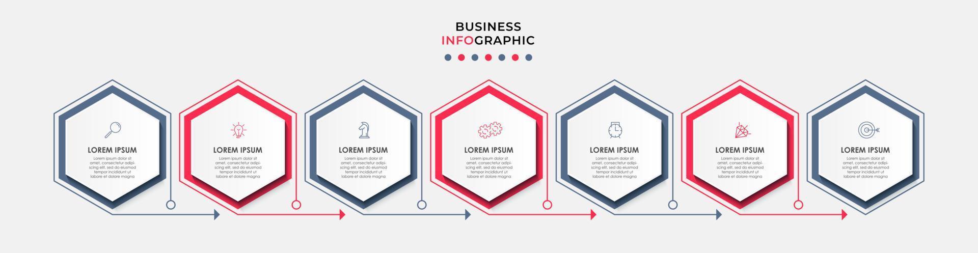 vecteur de modèle de conception infographique d'entreprise avec des icônes et 7 options ou étapes. peut être utilisé pour le diagramme de processus, les présentations, la mise en page du flux de travail, la bannière, l'organigramme, le graphique d'informations