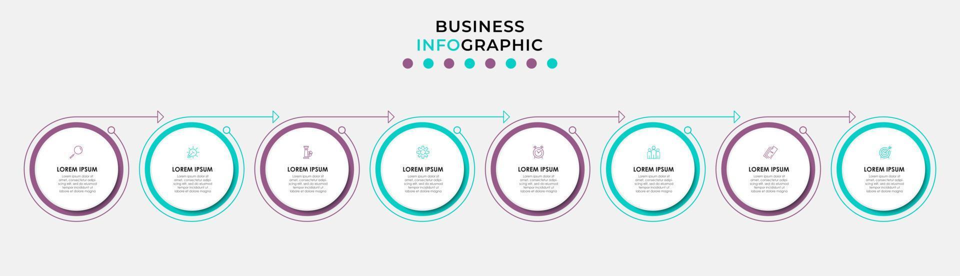 modèle d'entreprise de conception infographique vectorielle avec icônes et 8 options ou étapes. peut être utilisé pour le diagramme de processus, les présentations, la mise en page du flux de travail, la bannière, l'organigramme, le graphique d'informations vecteur