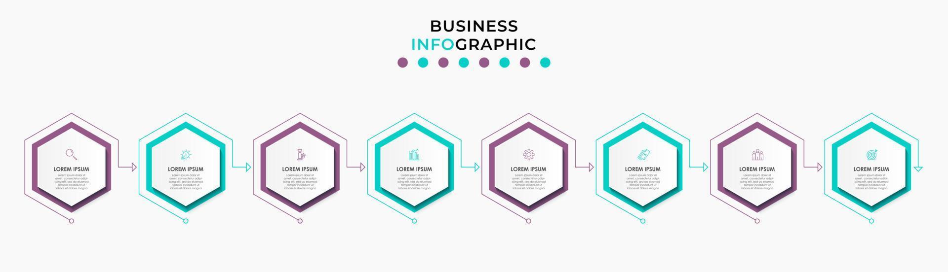 modèle d'entreprise de conception infographique vectorielle avec icônes et 8 options ou étapes. peut être utilisé pour le diagramme de processus, les présentations, la mise en page du flux de travail, la bannière, l'organigramme, le graphique d'informations vecteur