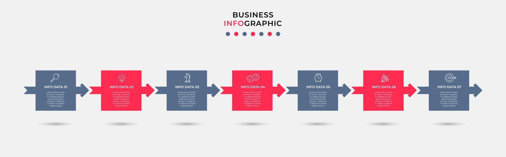 vecteur de modèle de conception infographique d'entreprise avec des icônes et 7 options ou étapes. peut être utilisé pour le diagramme de processus, les présentations, la mise en page du flux de travail, la bannière, l'organigramme, le graphique d'informations