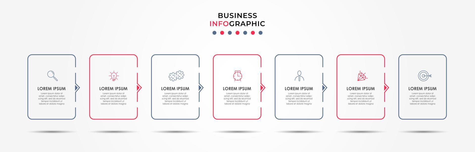 vecteur de modèle de conception infographique d'entreprise avec des icônes et 7 options ou étapes. peut être utilisé pour le diagramme de processus, les présentations, la mise en page du flux de travail, la bannière, l'organigramme, le graphique d'informations