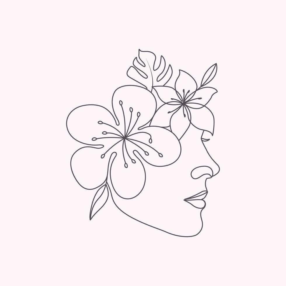 tête de femme dessinée à la main avec des fleurs beauté visage floral élégant minimal dessin au trait illustration vecteur