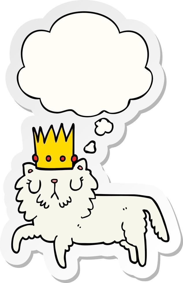 chat de dessin animé portant une couronne et une bulle de pensée comme autocollant imprimé vecteur