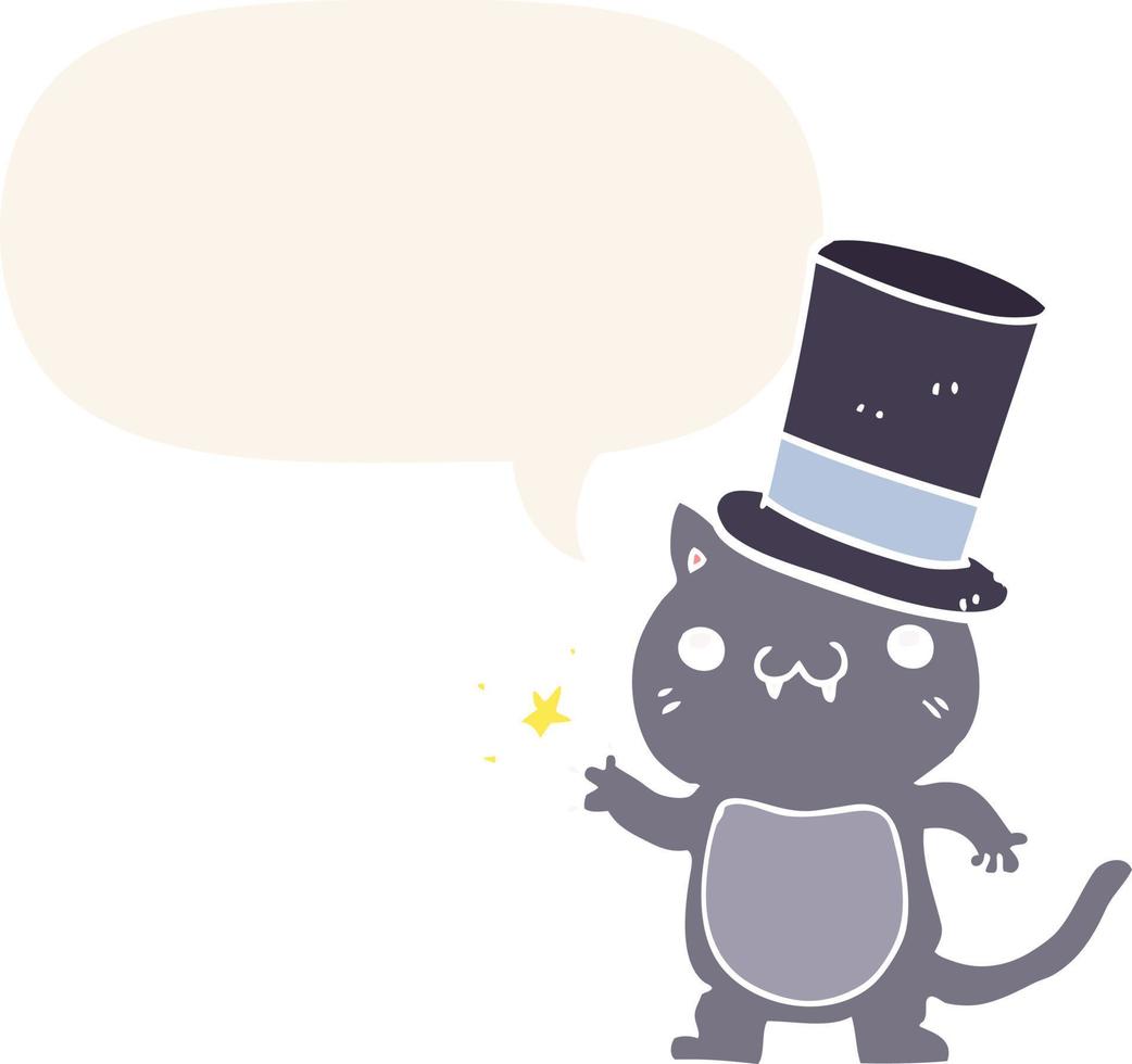 chat de dessin animé portant un chapeau haut de forme et une bulle de dialogue dans un style rétro vecteur