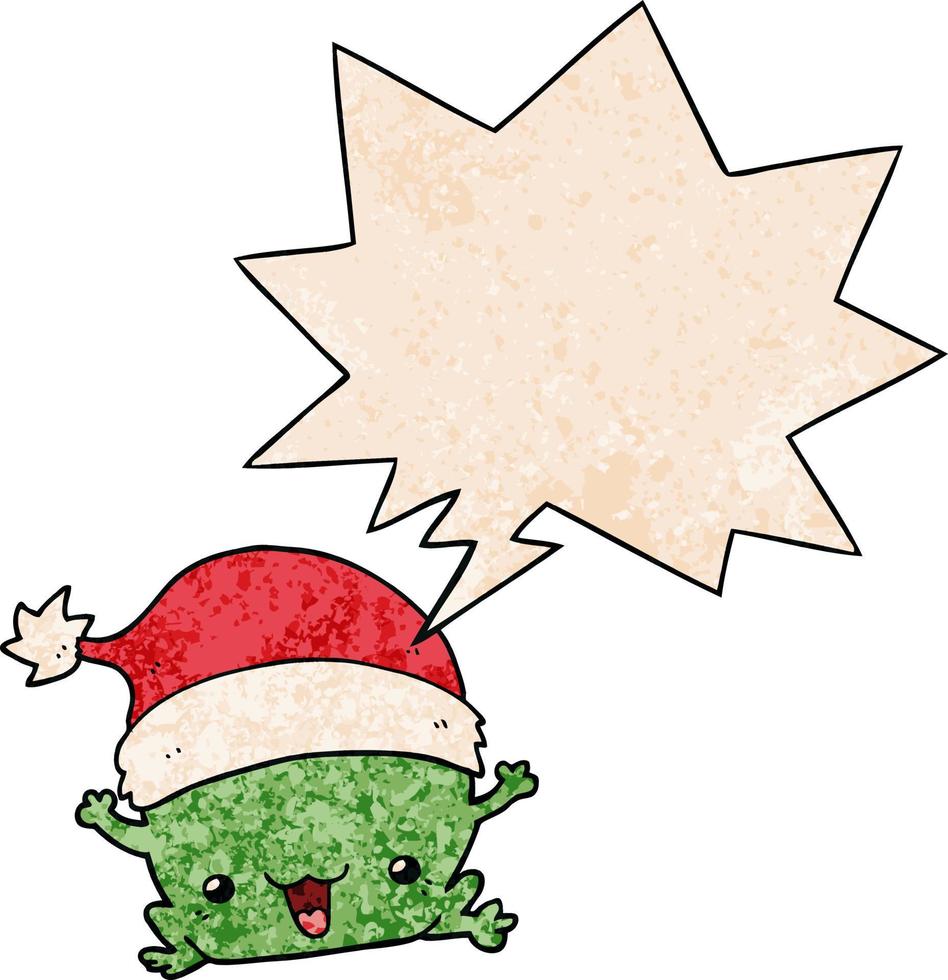 grenouille de noël dessin animé mignon et bulle de dialogue dans un style de texture rétro vecteur