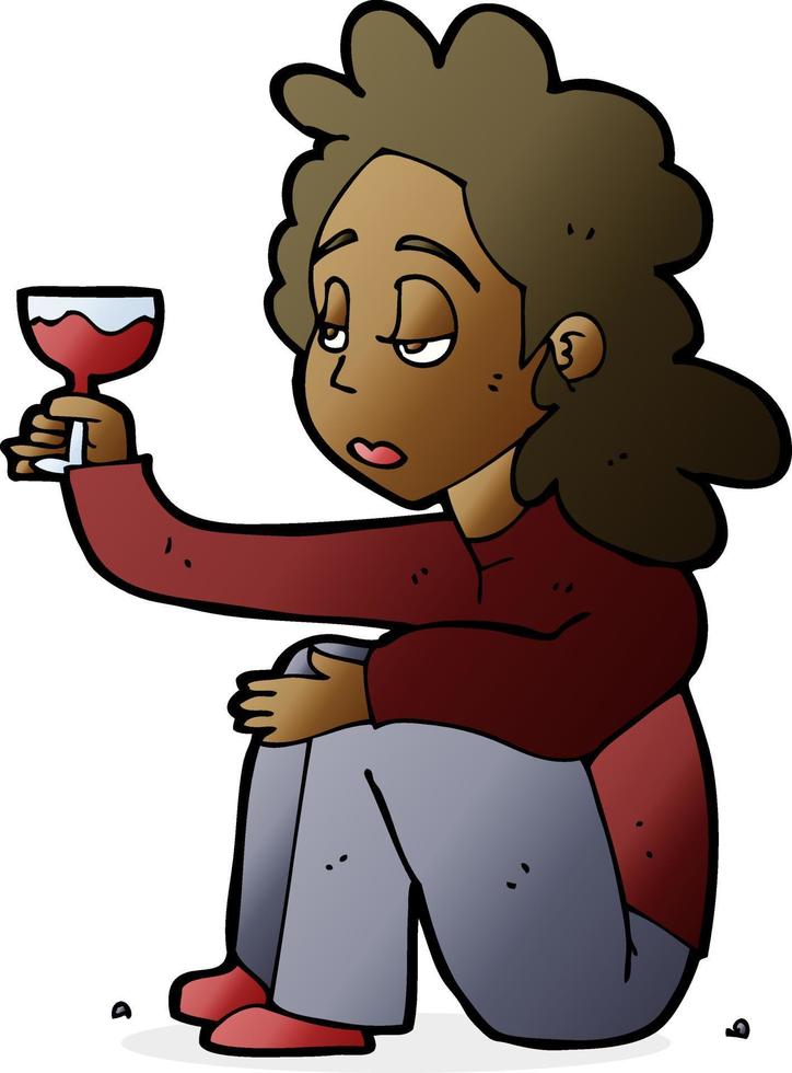 femme malheureuse de dessin animé avec un verre de vin vecteur