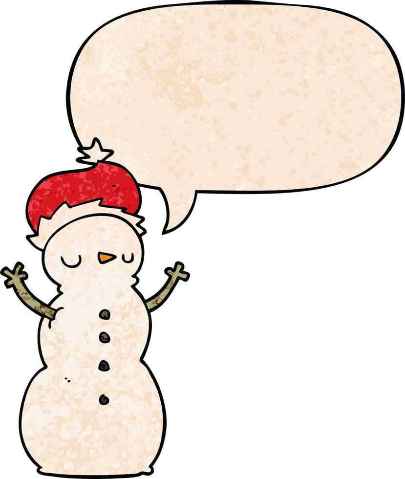 dessin animé bonhomme de neige et bulle de dialogue dans un style de texture rétro vecteur