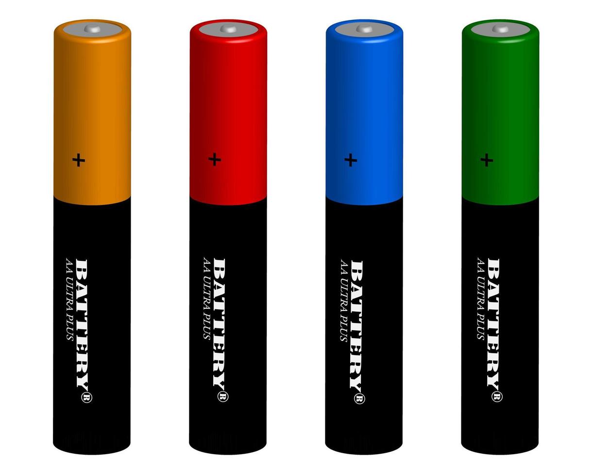 Quatre batteries de couleurs différentes sur fond blanc vecteur